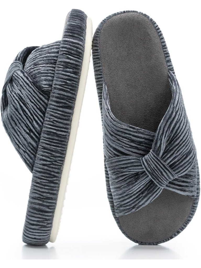 Women's Grey 1 Foam House Bedroom Corduroy Bow Cross Bands Slipper Shoes Comfy